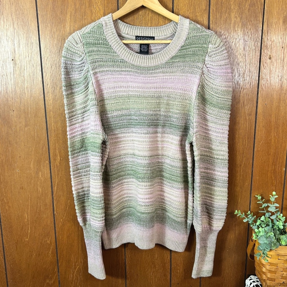 Vintage DESIGN365‎ Puff Sleeve Sweater Knit Top Pink Green Beige Women's M y2k